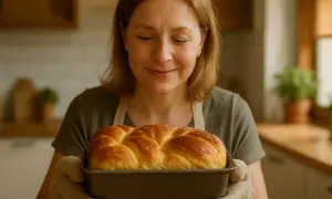 Uśmiechnięta kobieta trzyma świeżo upieczony, złocisty bochenek. Idealny do pieczenia ciasta drożdżowego w temperaturze 180°C.