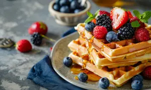 Stos pysznych, złotych wafli polanych syropem, ozdobionych świeżymi jagodami, malinami i truskawkami. Idealny pomysł na to, jak upiec wafle na śniadanie.