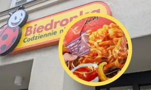 Opakowanie zakręconych frytek na tle logo Biedronki.