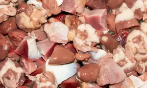 Kawałki surowego mięsa drobiowego, w tym serca i żołądki. Czy wątróbka to mięso? Tak, to podroby, które są częścią mięsa.