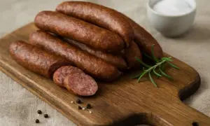Kiełbasa z dzika na desce, z rozmarynem i pieprzem. Zastanawiasz się, ile czosnku do kiełbasy z dzika?