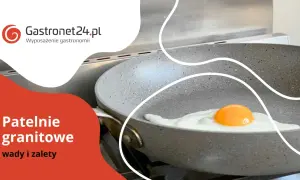 Patelnie granitowe: co to znaczy patelnia? Jajko smaży się na szarej patelni z logo Gastronet24.pl.