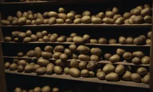 Półki pełne ziemniaków, idealne do przechowywania surowych, obranych ziemniaków.