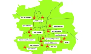 Mapa miejsc, gdzie na grilla: parki i skwery z zaznaczonymi miejscami do grillowania.