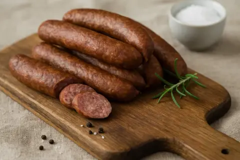 Kiełbasa z dzika na desce, z rozmarynem i pieprzem. Zastanawiasz się, ile czosnku do kiełbasy z dzika?