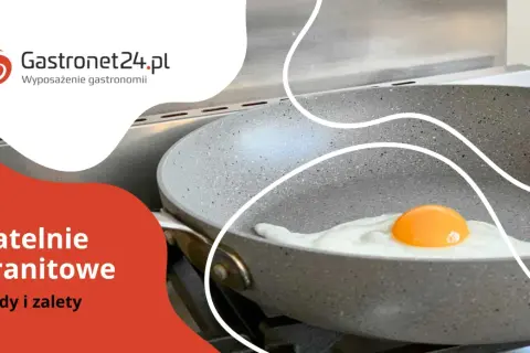 Patelnie granitowe: co to znaczy patelnia? Jajko smaży się na szarej patelni z logo Gastronet24.pl.