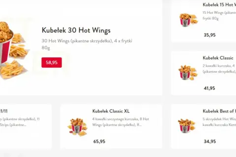 Kubełek 30 Hot Wings z 4 porcjami frytek kosztuje 58,95 zł. Na ekranie widać też inne zestawy, np. Kubełek 15 Hot Wings za 35,95 zł.