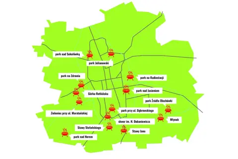 Mapa miejsc, gdzie na grilla: parki i skwery z zaznaczonymi miejscami do grillowania.