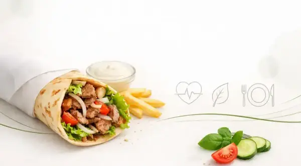 Pyszny kebab w tortilli z frytkami i sosem. Zastanawiasz się, ile kalorii ma kebab box z frytkami?