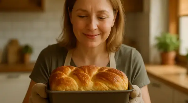 Uśmiechnięta kobieta trzyma świeżo upieczony, złocisty bochenek. Idealny do pieczenia ciasta drożdżowego w temperaturze 180°C.