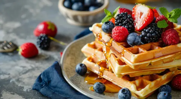 Stos pysznych, złotych wafli polanych syropem, ozdobionych świeżymi jagodami, malinami i truskawkami. Idealny pomysł na to, jak upiec wafle na śniadanie.