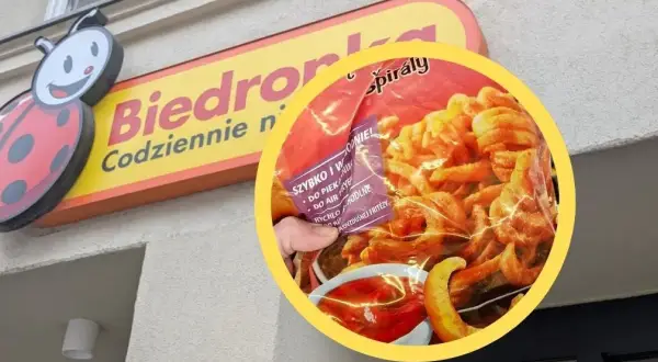Opakowanie zakręconych frytek na tle logo Biedronki.