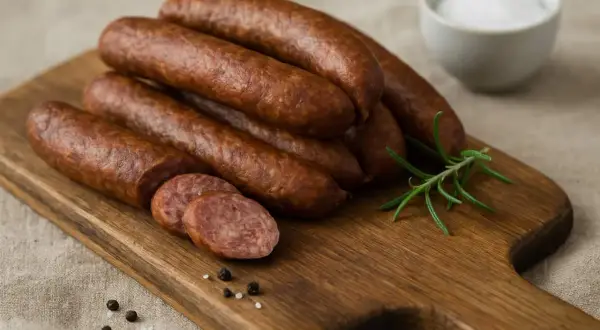 Kiełbasa z dzika na desce, z rozmarynem i pieprzem. Zastanawiasz się, ile czosnku do kiełbasy z dzika?