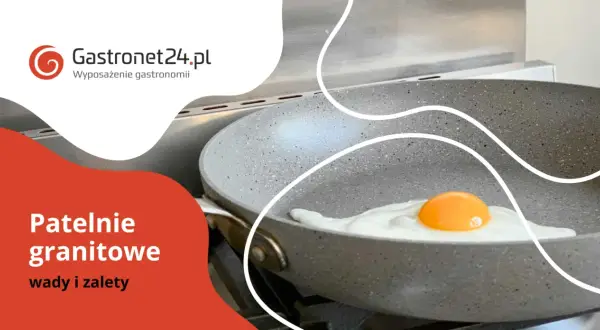 Patelnie granitowe: co to znaczy patelnia? Jajko smaży się na szarej patelni z logo Gastronet24.pl.