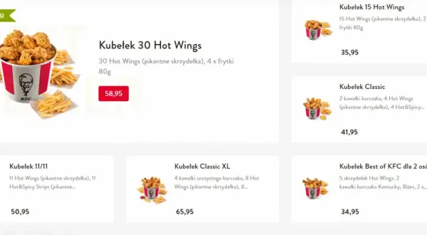 Kubełek 30 Hot Wings z 4 porcjami frytek kosztuje 58,95 zł. Na ekranie widać też inne zestawy, np. Kubełek 15 Hot Wings za 35,95 zł.