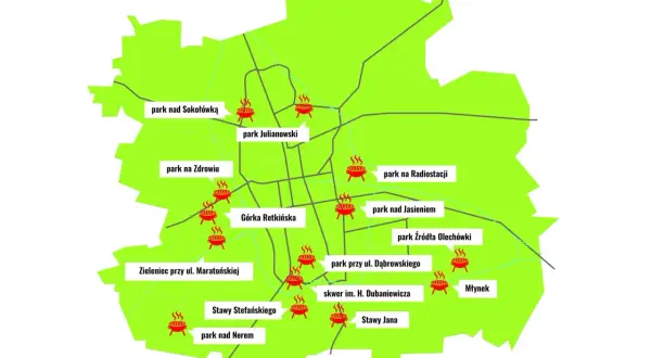 Mapa miejsc, gdzie na grilla: parki i skwery z zaznaczonymi miejscami do grillowania.