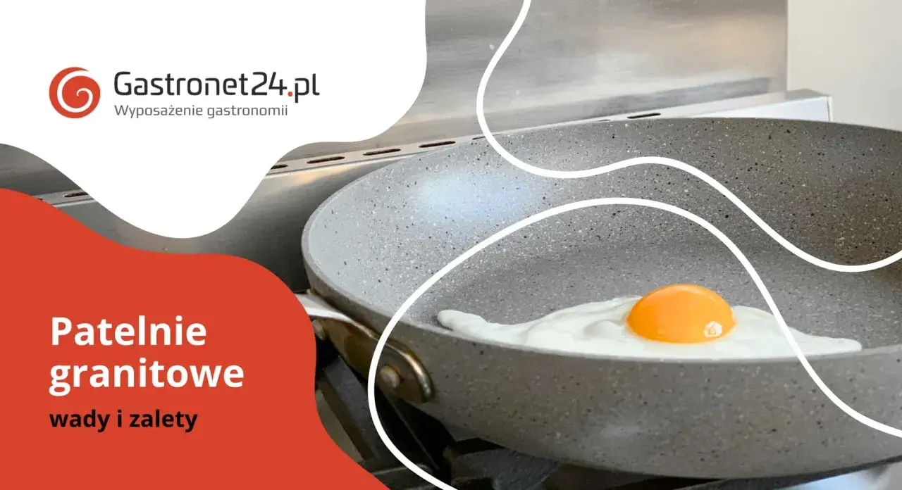 Patelnie granitowe: co to znaczy patelnia? Jajko smaży się na szarej patelni z logo Gastronet24.pl.