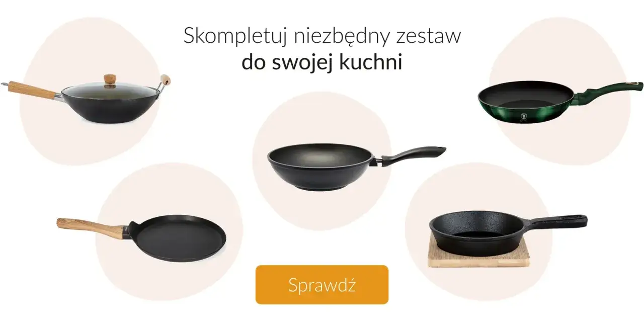 Zestaw naczyń kuchennych: wok, patelnia grillowa, patelnia z uchwytem, patelnia żeliwna i patelnia z pokrywką. Co to znaczy patelnia? To wszechstronne narzędzie do gotowania.