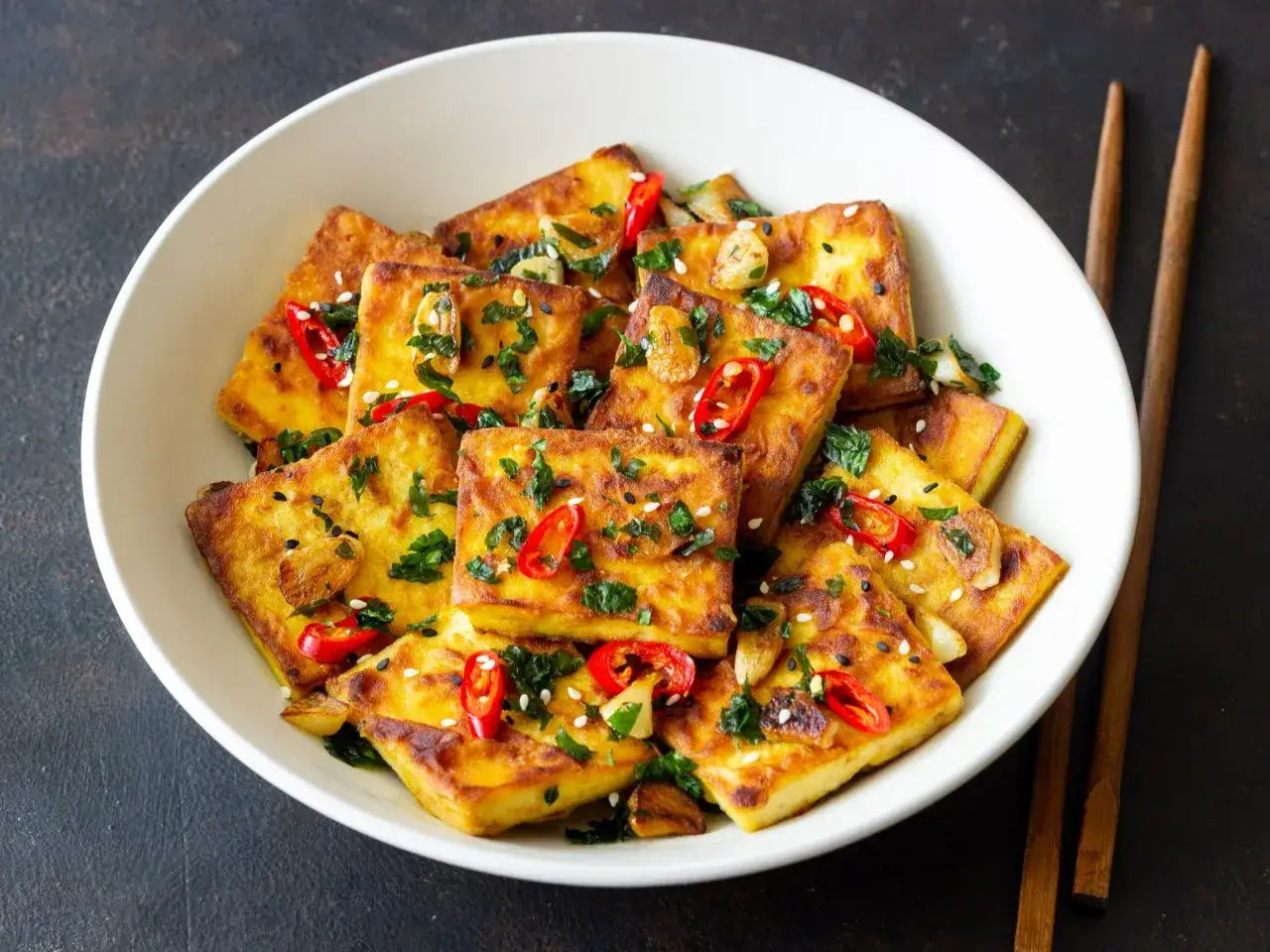 Złociste, chrupiące kawałki tofu, posypane chili, czosnkiem i sezamem. Idealne, gdy zastanawiasz się, ile smażyć tofu na patelni.