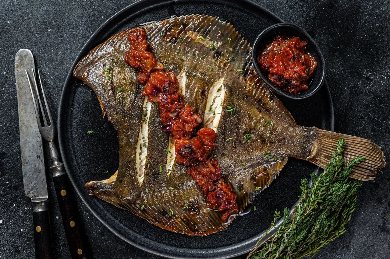 Złocisty, chrupiący halibut ze skórą, podany z sosem pomidorowym i gałązką tymianku. Idealny przykład, jak smażyć halibuta ze skórą.