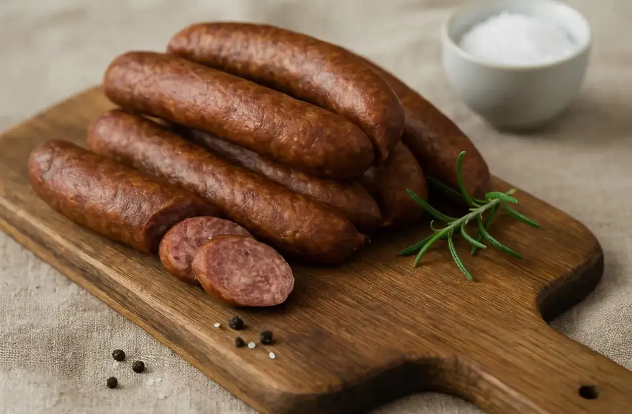 Kiełbasa z dzika na desce, z rozmarynem i pieprzem. Zastanawiasz się, ile czosnku do kiełbasy z dzika?