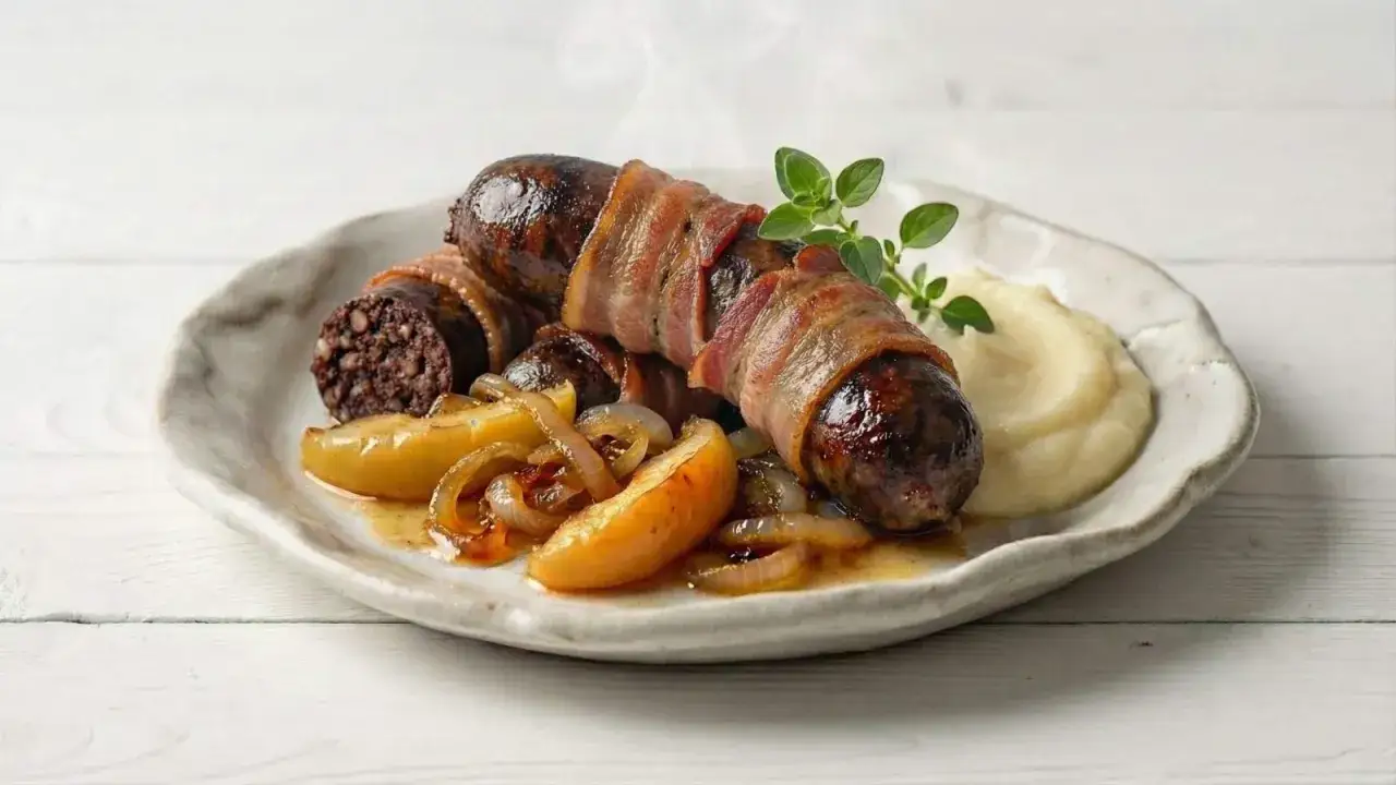 Kaszanka zawinięta w boczek, podana z puree ziemniaczanym i karmelizowaną cebulką z jabłkiem. Idealne dodatki, by urozmaicić smak kaszanki.