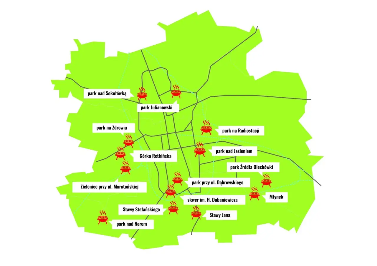 Mapa pokazuje, gdzie można grillować w parkach i skwerach: Park nad Sokołówką, Park Julianowski, Park na Zdrowiu, Górka Retkińska, Park na Radiostacji, Park nad Jasieniem, Park Źródła Olechówki, Zieleńiec przy ul. Maratońskiej, Park przy ul. Dąbrowskie...
