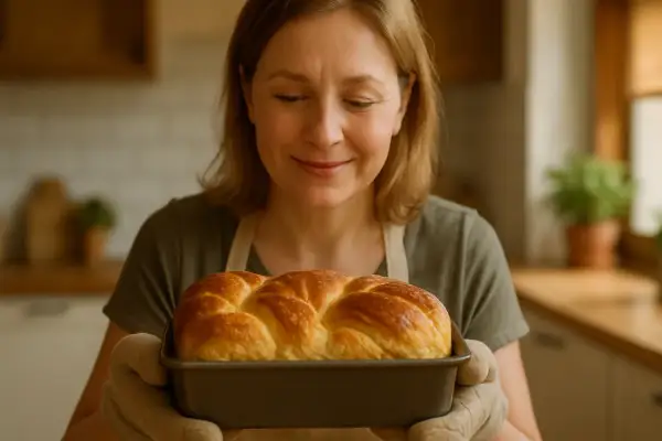 Uśmiechnięta kobieta trzyma świeżo upieczony, złocisty bochenek. Idealny do pieczenia ciasta drożdżowego w temperaturze 180°C.