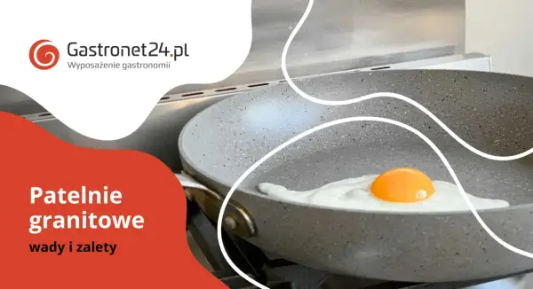 Patelnie granitowe: co to znaczy patelnia? Jajko smaży się na szarej patelni z logo Gastronet24.pl.